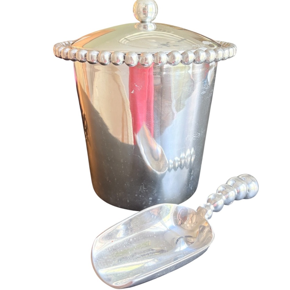 Mariposa Pearled Ice Bucket 629 with Scoop 635 Silver Aluminum Beaded Barware